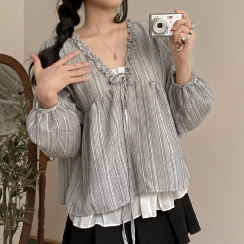 New Stylish Gentle Style Striped French Lace-Up Ruffled Fake Two-Piece V-Neck Long-Sleeve Shirt Top for Women New Stylish Gentle Style Striped French Lace-Up Ruffled Fake Two-Piece V-Neck Long-Sleeve Shirt Top for Women