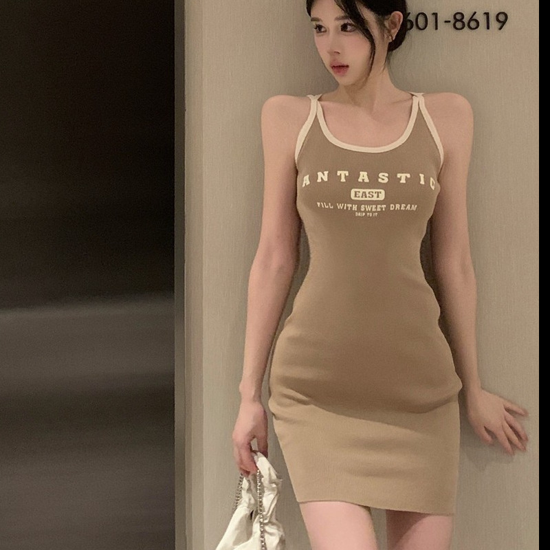 Pure Desire Hot Girl Knitted Strap Dress Summer Pure Desire Cross-Back Slim Fit Bodycon Dress