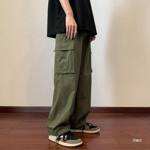 Army Green Americana Denim Work Pants Men's Summer Japanese Oversize Pants Retro Heavyweight Straight Leg Casual Pants