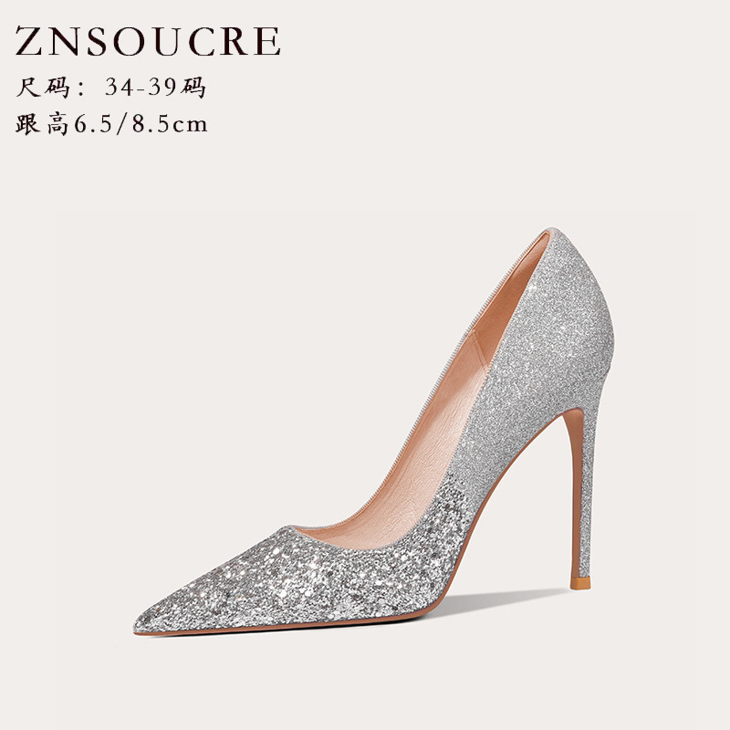710-5 Champagne silver Pointed Thin Heel Shoes Women's Good Grade Wedding Shoes Bridesmaid Shoes 18-year-old Adult Ceremony