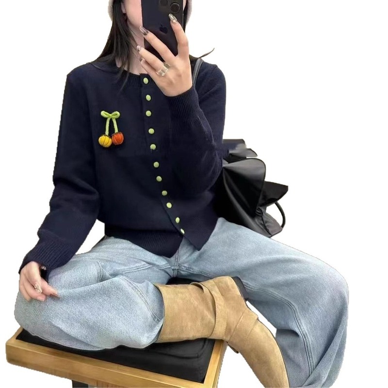 2025早秋新款女装设计感立体小南瓜挂件韩版圆领针织开衫毛衣外套|undefined