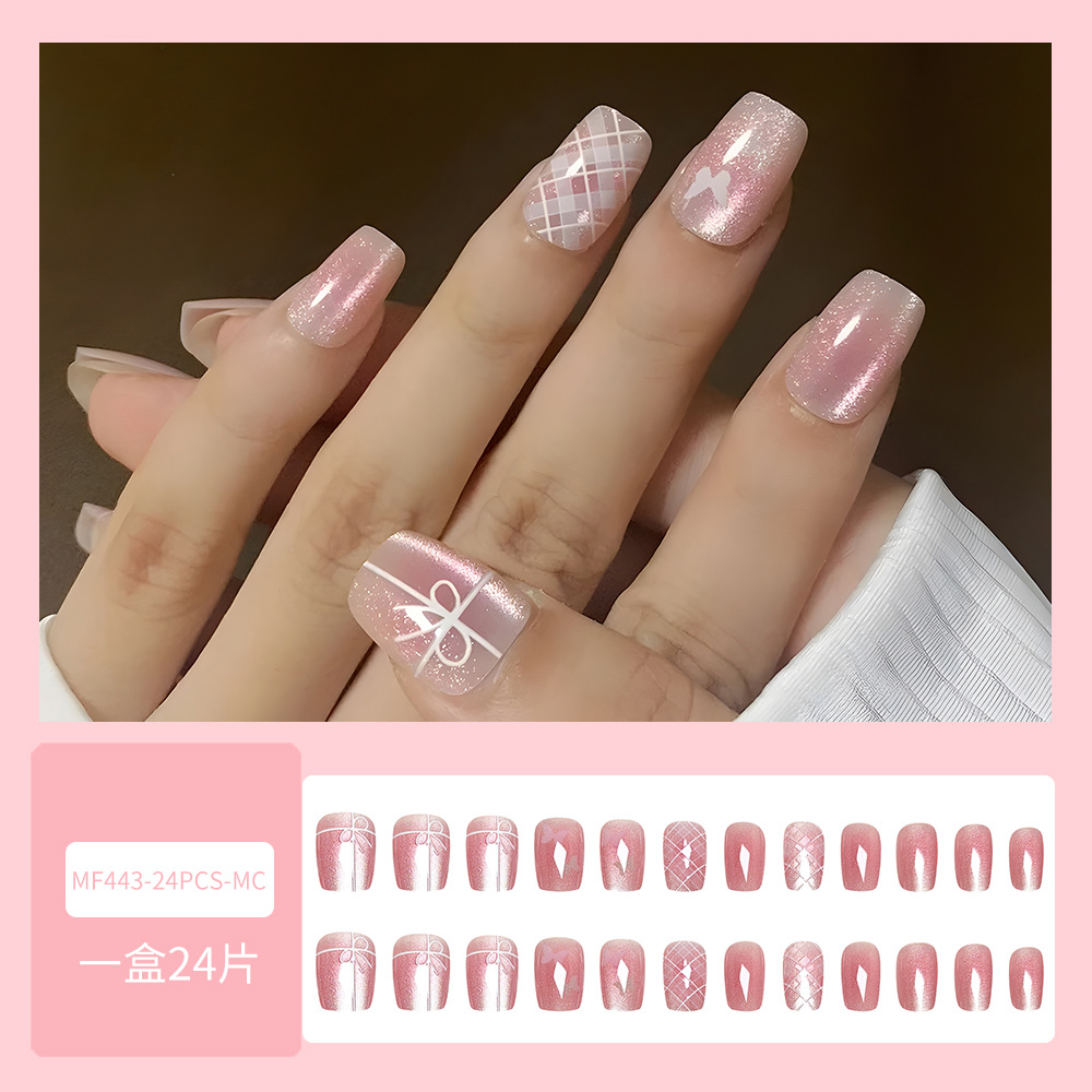 Ojos de gato en relieve, corazón de niña, uñas rosa, arco dulce y delicado, 24 piezas de parches de uñas terminados.