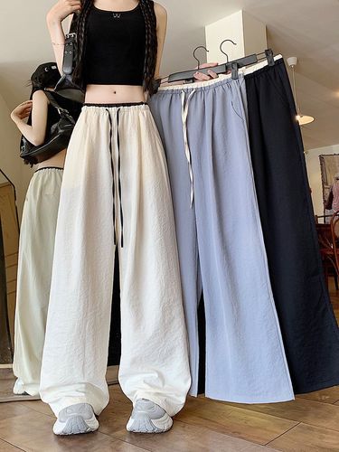 Floral Ice Silk Wide Leg Pants for Women - Summer Thin Model High-Waisted Loose Plus Size Petite Texture Straight Leg Pants