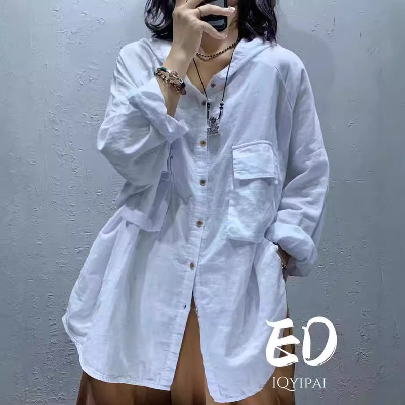 Hooded Cotton Yarn Shirt Women's Autumn 2024 Loose Large Double Pocket Design Sense Single-breasted Cardigan Jacket Trendy Hooded Cotton Yarn Shirt Women's Autumn 2024 Loose Large Double Pocket Design Sense Single-breasted Cardigan Jacket Trendy