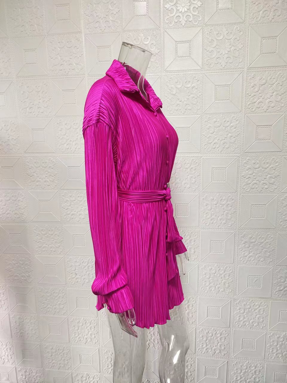 Women's Clothing 2024 women's new shirt collar fashion women's elastic waist pleated long sleeved lace up dress_mkmklike.com