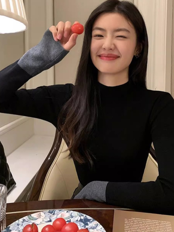 法式半高领针织毛衣女chic绝美撞色打底衫春秋冬季内搭高级感上衣|undefined