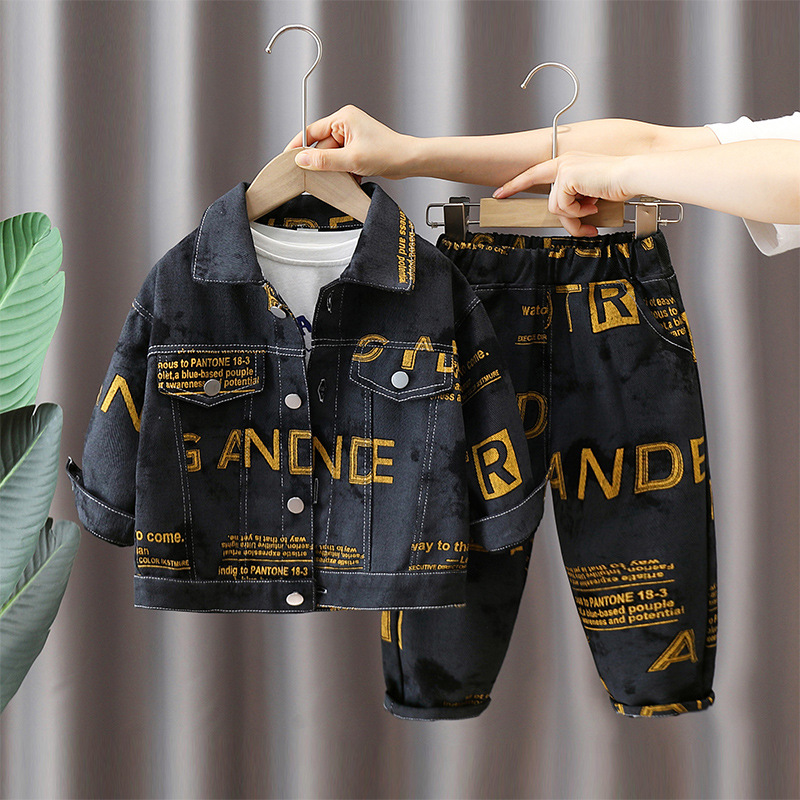 5983 Traje de otoño para niños 2025 Primavera y otoño Nuevo estilo Ropa de mezclilla de la calle frita para niños Traje de dos piezas de estilo occidental para bebés