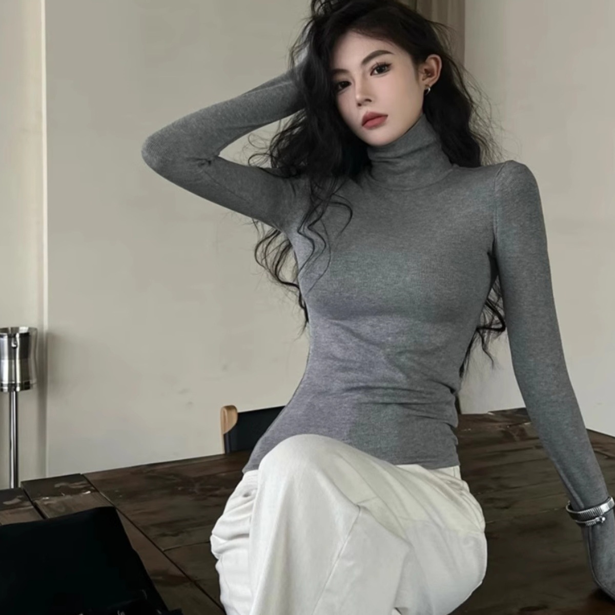 Trendy High-Neck Ribbed Base Shirt for Women, Autumn and Winter Basic Stretch Top, Brushed, Slim-Fit, Warm, Long-Sleeve