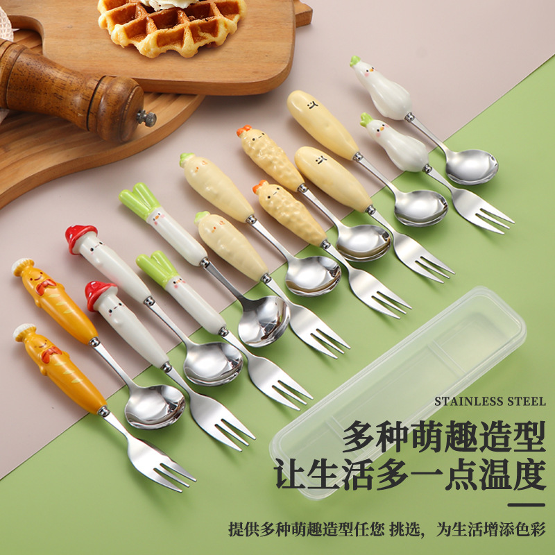 新款陶瓷柄卡通超萌餐具学生餐具套装汤勺子叉子高颜值蘑菇面包勺