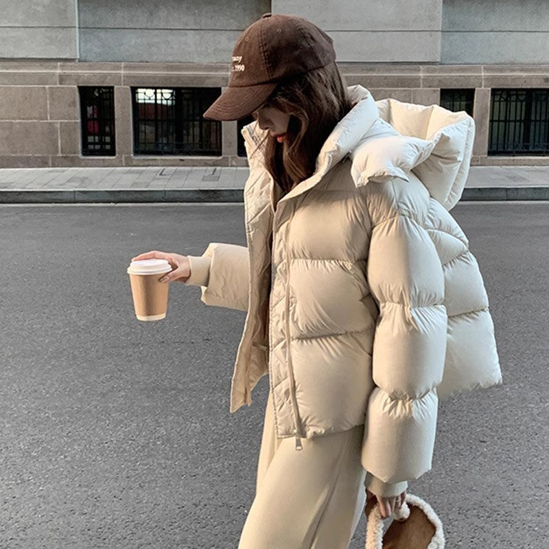 美式咖色羽绒棉服女2024秋冬新款小个子泡芙加厚短款连帽棉衣外套