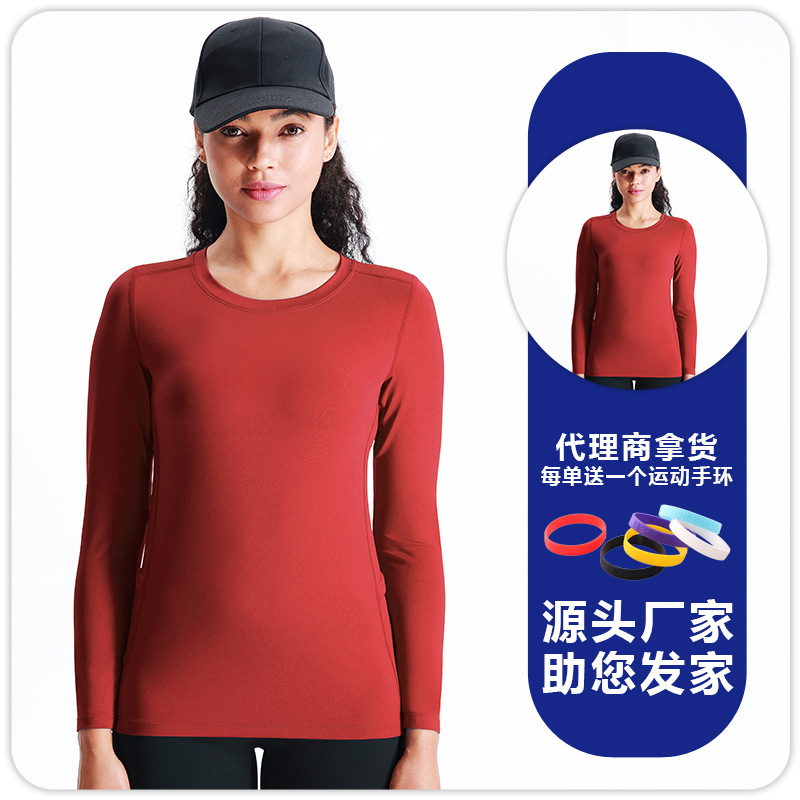 Camiseta de cuello redondo de manga larga deportiva transpirable de secado rápido para mujer, bolsillos bilaterales elásticos, ropa de fitness para correr informal suave y agradable para la piel