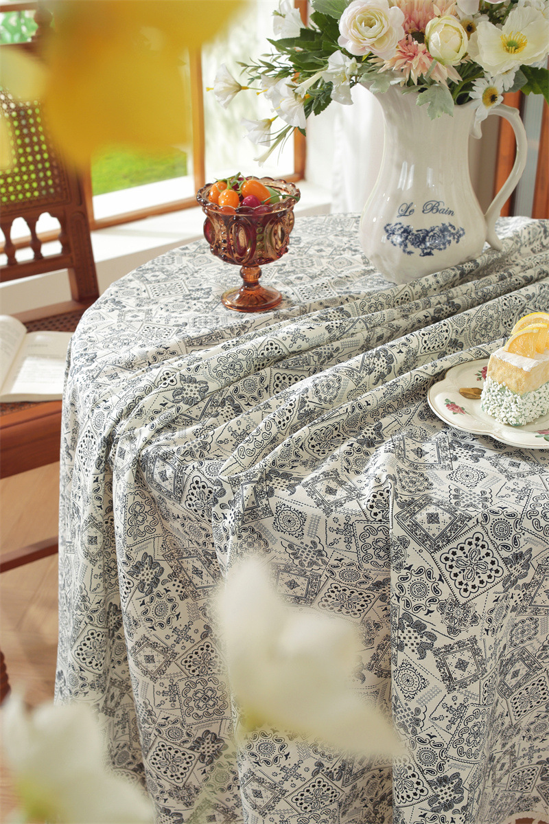 Mantel de mesa rectangular de algodón jacquard estilo floral_voghion.com