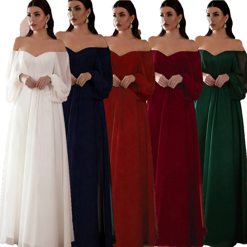 European and American Foreign Trade New Women's Clothing Ebay Amazon New Product Off-Shoulder Dress Slim Fit Solid Color Long Dress Hot Sale Multi-Color