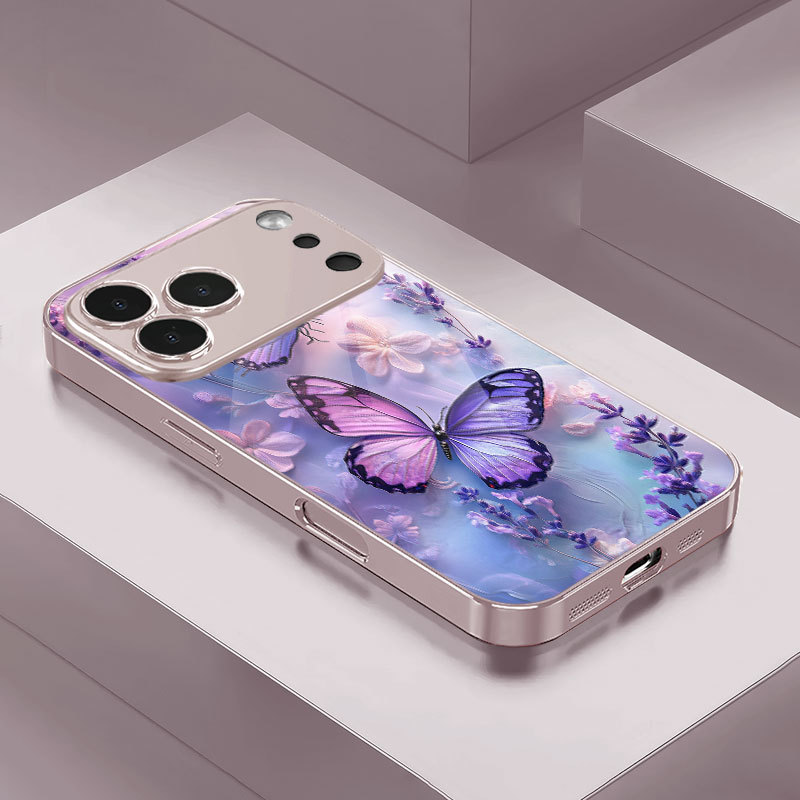Apple 17 Air uchun binafsha kapalak g'ilofi, o't rangli binafsha rangli shisha g'ilofi, 14/15 Plus/16 Pro Max.