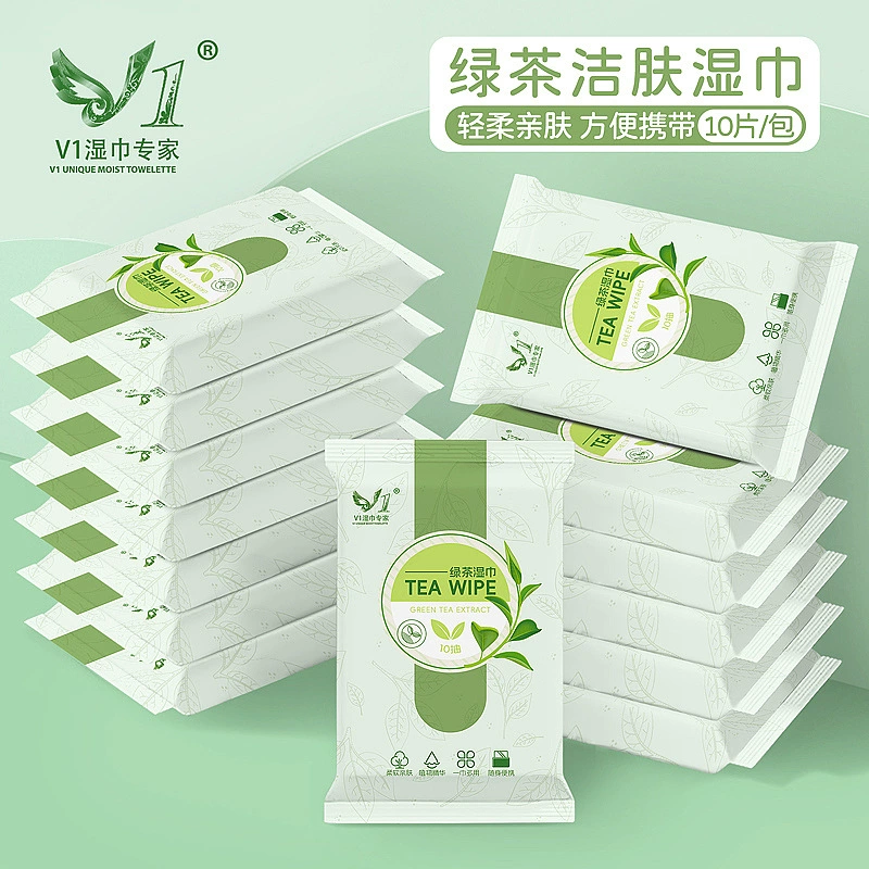 10 штук влажных салфеток с зеленым чаем, контролирующих жирность, для очищения, маленькая упаковка, портативные, мягкие для ухода за кожей, не требующие смывания, оптом