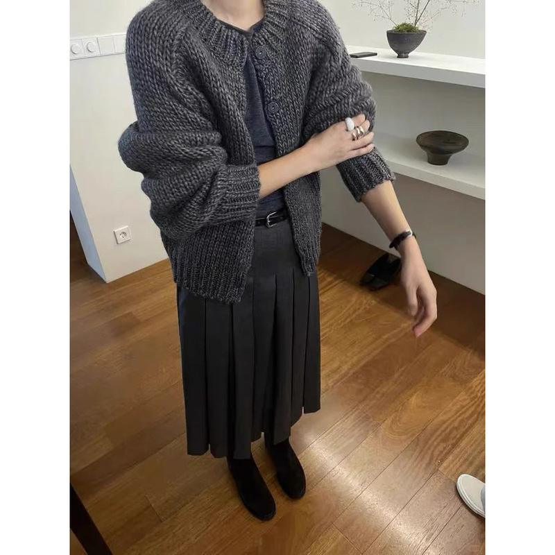 Now, the 2025 Winter New Collection Features Korean Designer Lfm's Vintage Chunky Knit Crew Neck Cardigan
