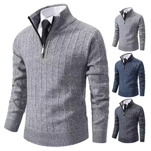 Autumn and Winter New European and American Men's Half-Zip Pullover Knitwear Fleece-Lined Thickeneded Warm Bottoming Knitwear
