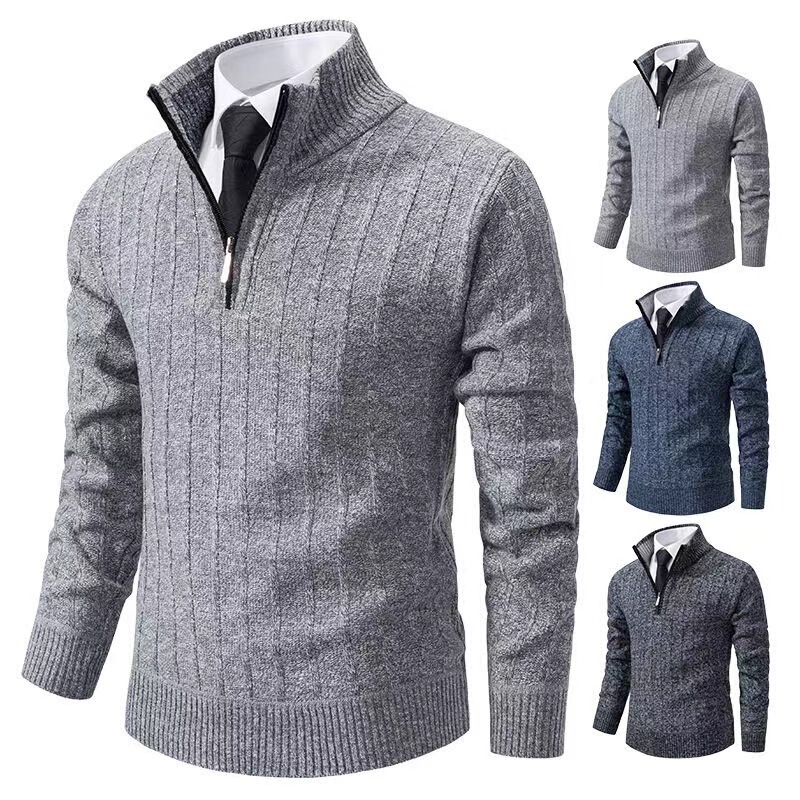 Autumn and Winter New European and American Men's Half-Zip Pullover Knitwear Fleece-Lined Thickeneded Warm Bottoming Knitwear Autumn and Winter New European and American Men's Half-Zip Pullover Knitwear Fleece-Lined Thickeneded Warm Bottoming Knitwear