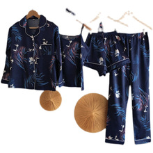 俄罗斯款四季睡衣女长七件套春季长袖短裤吊带仙鹤冰丝家居服套装