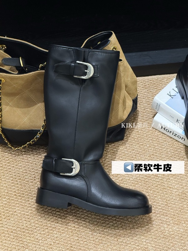 【董洁同款】皱褶堆堆靴中筒靴女真皮复古长靴子圆头拼接骑士靴子|undefined
