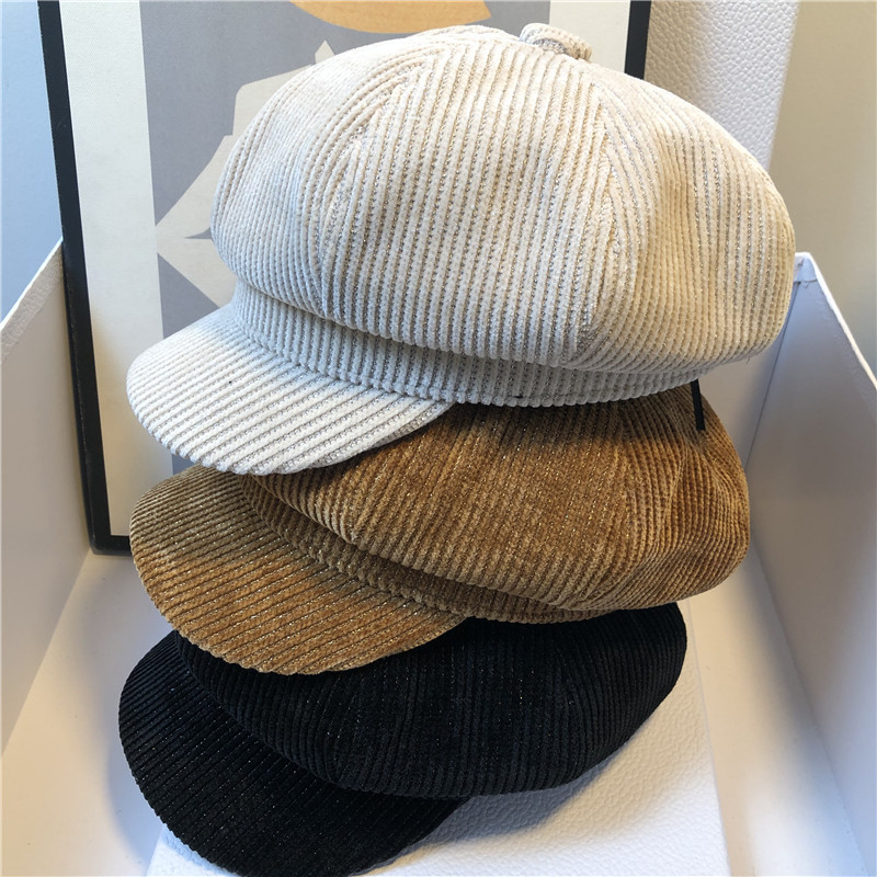Solid color retro corduroy octagonal hat for women Korean style autumn and winter fashion duck beret literary painter pumpkin hat trendy
