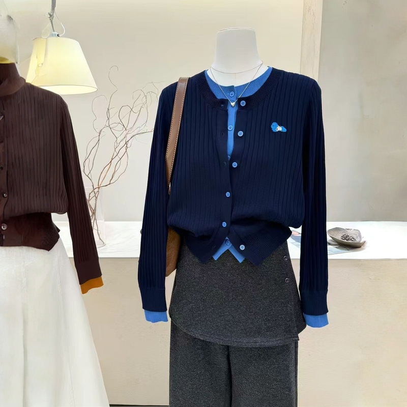Spring new style faux two-piece color-blocked knitted cardigan, spring and autumn women's high-end unique versatile outerwear Spring new style faux two-piece color-blocked knitted cardigan, spring and autumn women's high-end unique versatile outerwear