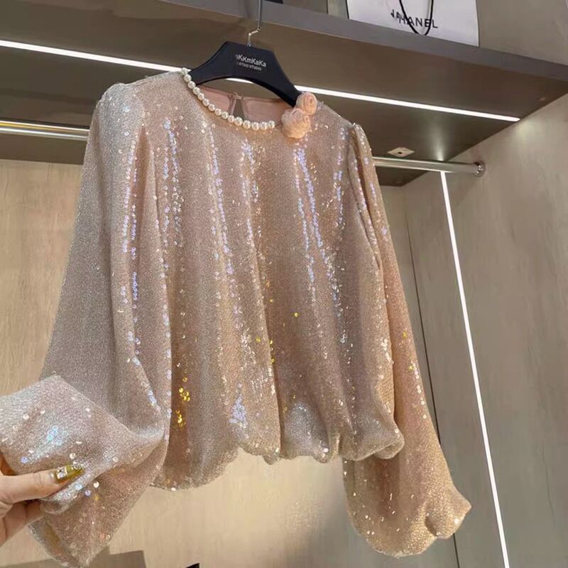 Celebrity Style Heavy Beaded Sequin Flower Shirt Autumn and Winter New Loose Shirt Lantern Sleeve Top