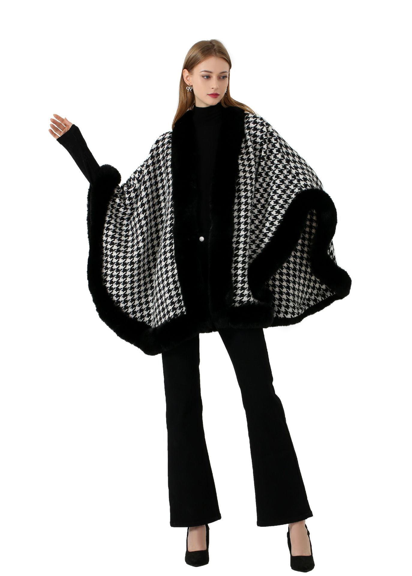 Woolen collar plaid shawl scarf cape woolen coat cape for women_voghion.com