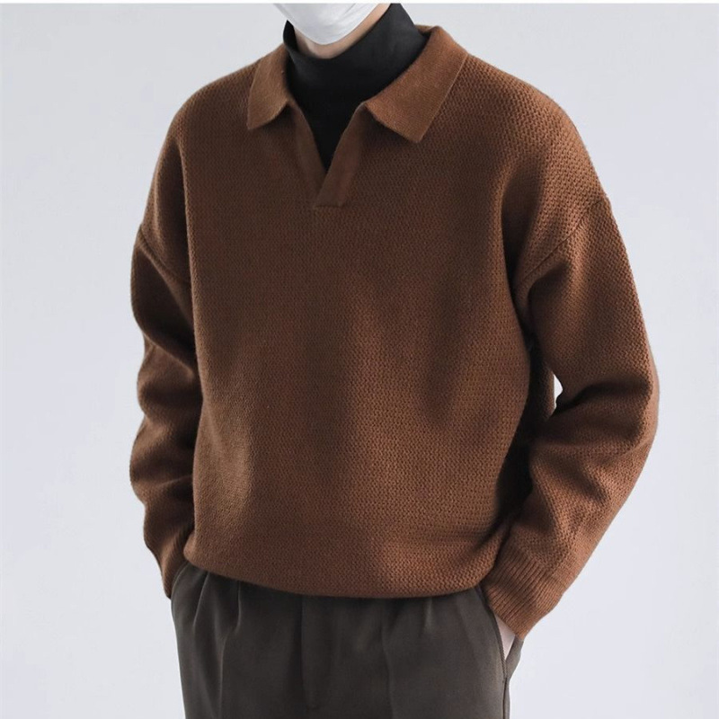 Leather-lapel crew neck turtleneck sweater for men, winter loose long-sleeved casual collar knit top, trendy upper garment