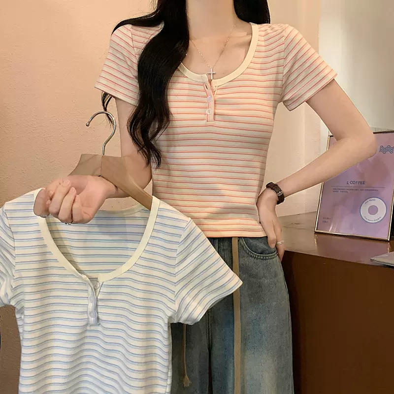 女款时尚螺纹短袖T恤夏季条纹修身短款圆领上衣女装跨境专享