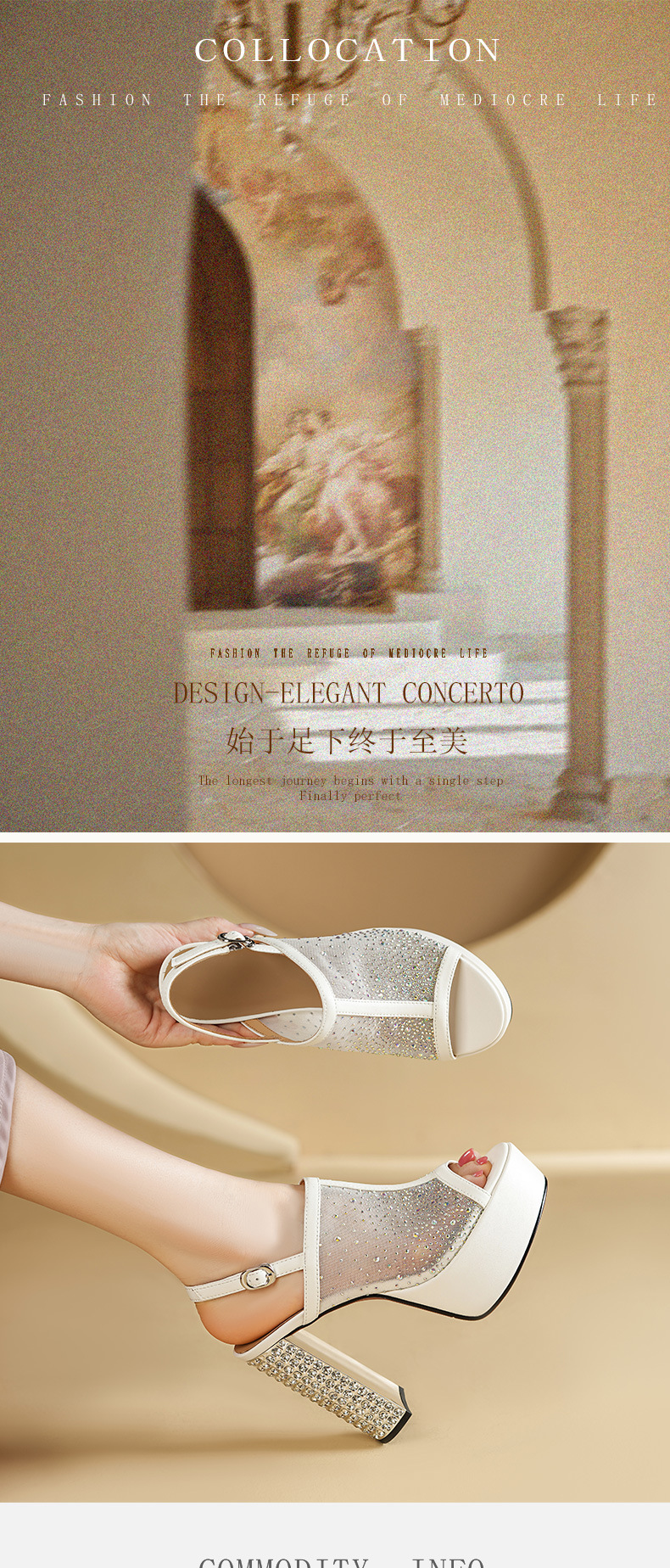 Sandal cao gót nữ đính đá lưới, đế xuồng siêu cao gót, mũi hở kiểu La Mã — đen chi tiết 1