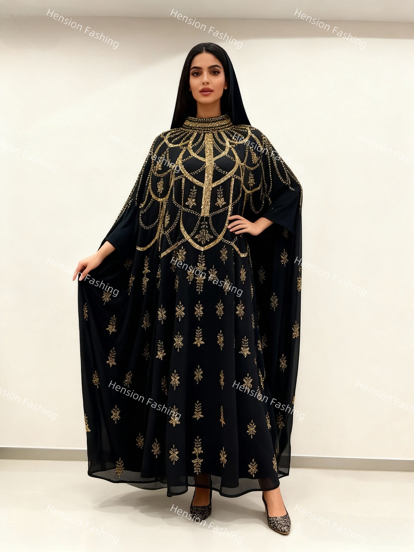 Fashionable Dubai Muslim Bat Sleeve Rhinestone Embellished Robe Arab Middle Eastern Abaya Long Dress_ecoleips.com