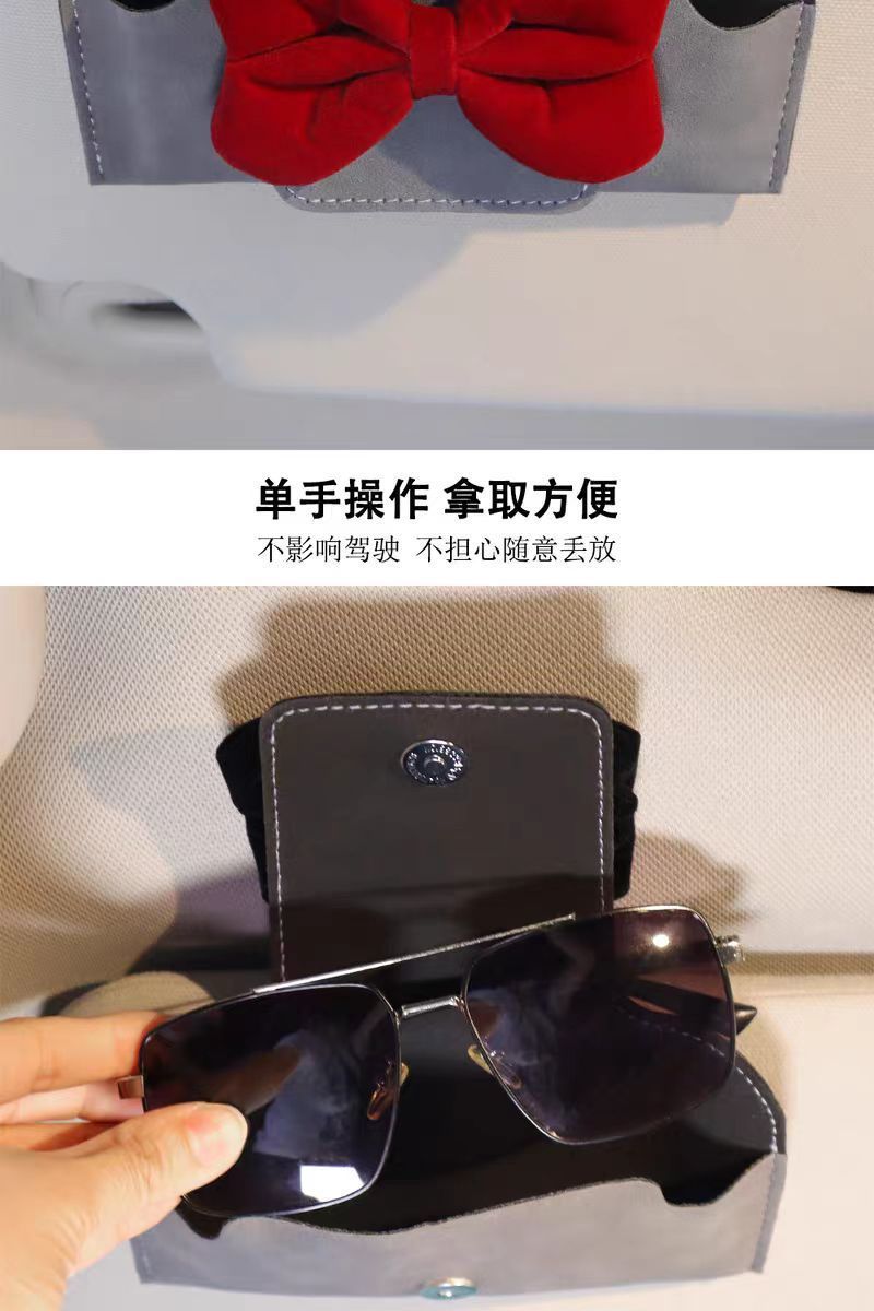 Car-Mounted Glasses Case with Bowknot, Pu Leather Glasses Clip, Car Sun Visor Sunglasses Storage Clip, Magnetic Glasses Clip