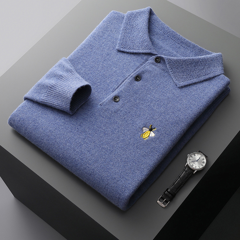 Autumn and Winter POLO Collar Wool Sweater Men's Bee Embroidered Pullover 100 Wool Knitted Base Shirt Solid Color
