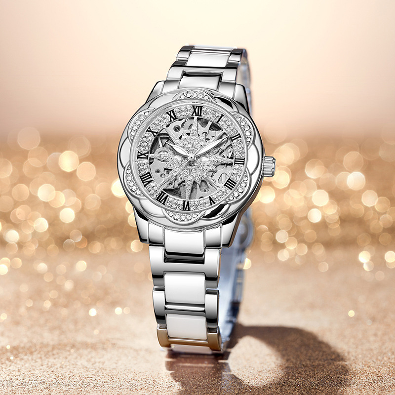 Sunflower Mechanical Women's Watch Waterproof Diamond Hollow Transparent Large Dial Automatic Luminous Ceramic Band Watch