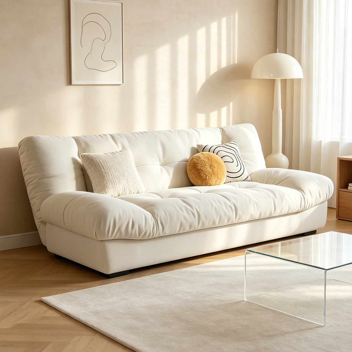 Cloud Sofa: A versatile, space-saving folding bed for home use, perfect for napping in the living room. It features a creamy color scheme and is a popular, trendy design