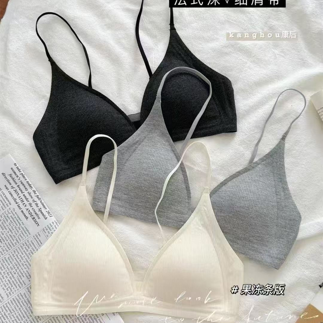 夏季薄款法式深V三角杯内衣女细肩带美背小胸聚拢文胸罩带胸垫