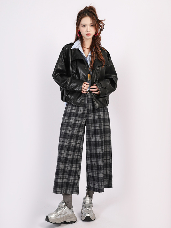 菲媛英伦风格纹八分裤女 秋冬新款休闲显瘦宽松舒适小个子阔腿裤|undefined