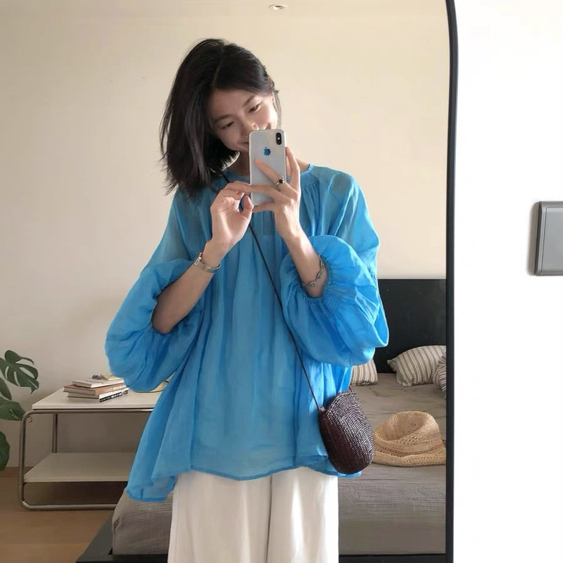 Dopamine Style Outfit~ Summer Thin Solid Color Ramie Loose Long-Sleeve Shirt, Sun Protection Air-Conditioning Shirt