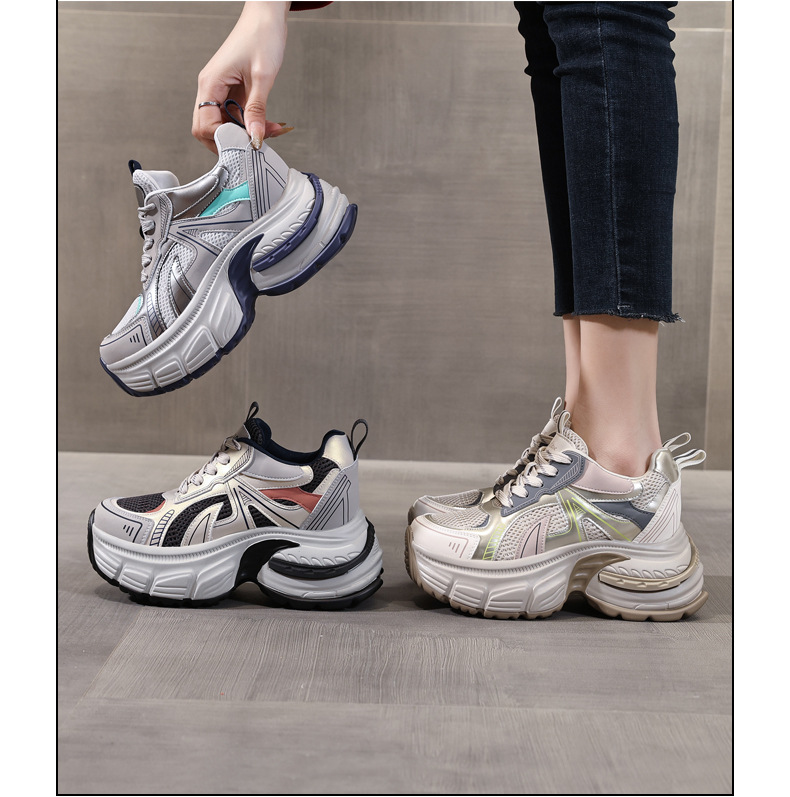 Giày sneaker nữ chunky đế dày mặt lưới thoáng khí độn cao bên trong — Màu vàng chi tiết 17