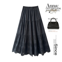 日系百搭薄款休闲半身裙2025春夏新款纯色拼接镂空重工刺绣A字裙