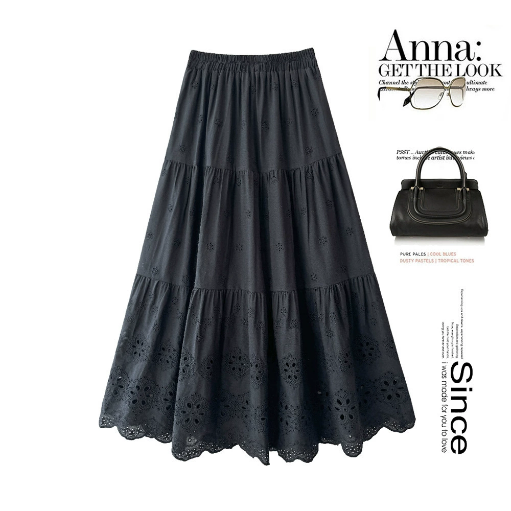 Японская универсальная тонкая повседневная юбка миди весна/лето 2025, новая однотонная лоскутная юбка А-силуэта с тяжелой вышивкой