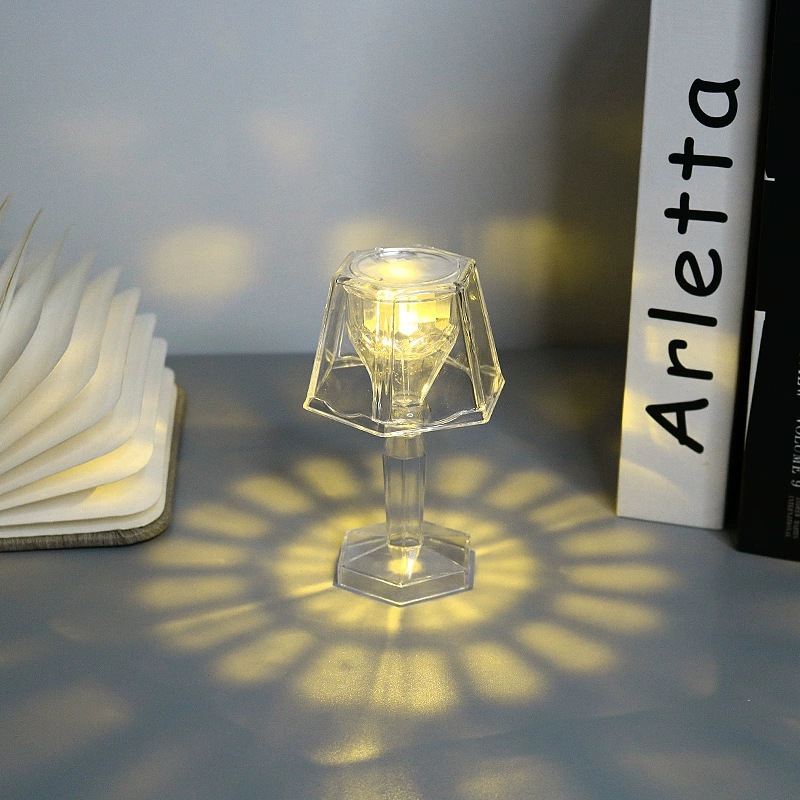 Transparent LED projector table lamp, electronic night light, battery‑powered (3×AG13), multiple styles