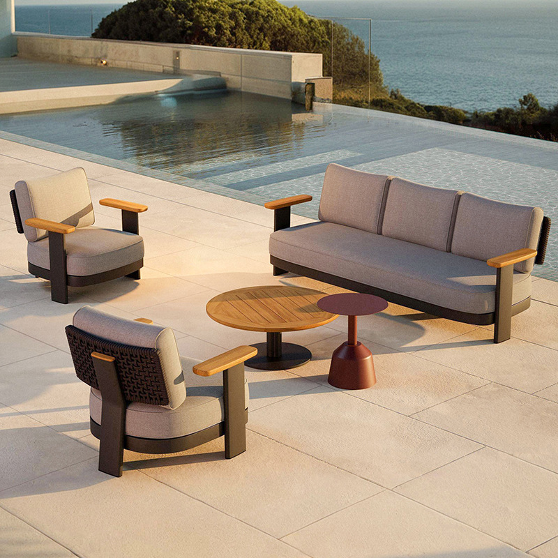 Sofá de tejido de cuerda al aire libre, diseño de terraza de jardín al aire libre, mobiliario de ocio, casa de patio, combinación de sofá de aleación de aluminio