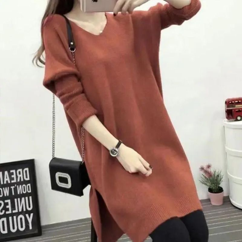V-Neck Purple Oversized Women's Base Sweater, Loose and Lazy, Plus-Size Mid-Length Long Knit Sweater That Covers the Hips