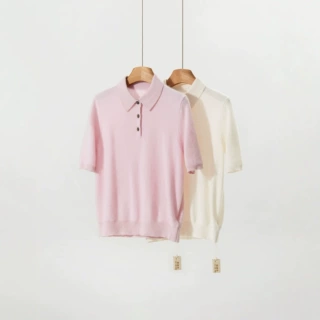 100%山羊绒衫半袖POLO领短袖针织女装新款秋装翻领上衣内搭打底衫