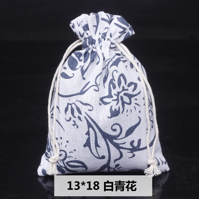 Ventas calientes de impresión de paquetes de cuerda de dibujo bolsas de impresión logotipo de lino bolsa de tela para el medio ambiente bolsa de almacenamiento de artículos 13 * 18