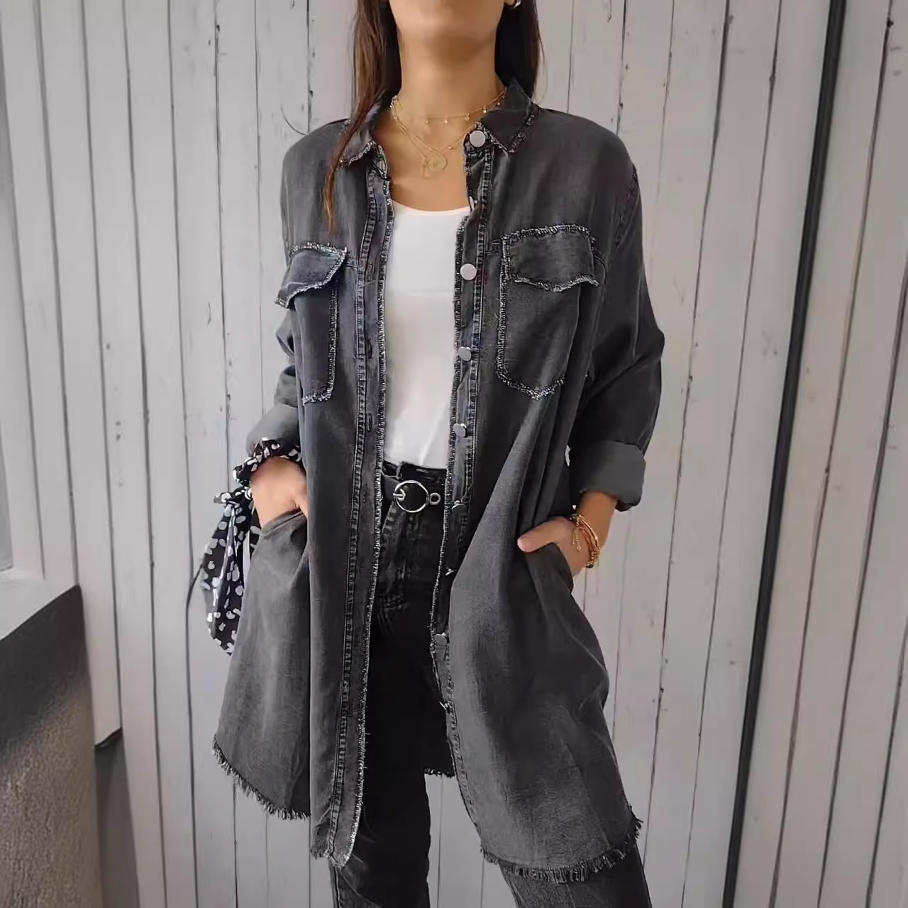 Damenbekleidung Herbststil modische lockere Revers-Jeansjacke für Damen 9771_voghion.com
