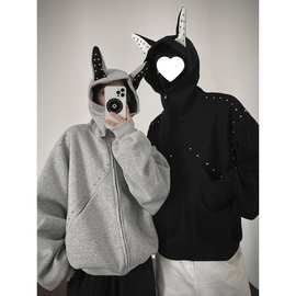 印花复古连帽国风新中式卫衣男士秋冬季加绒潮牌宽松外套上衣男