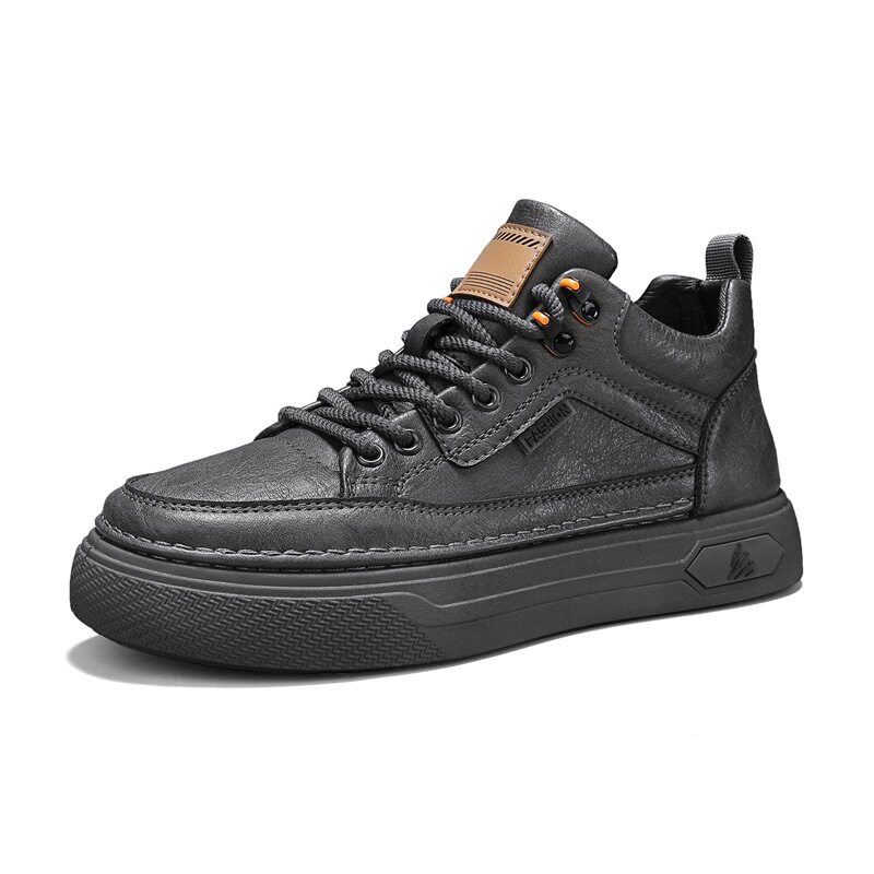 Giày nam cổ trung chống thấm nước chống trơn trượt màu đen, giày thể thao sneaker đa năng đi làm và giải trí, gót 3-5 cm — quần kaki, đen